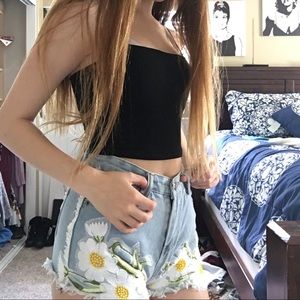 Light denim floral shorts